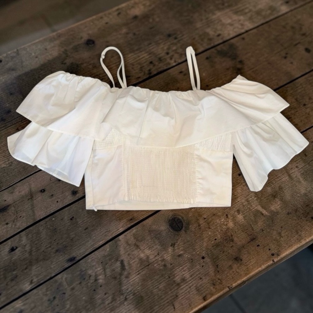 Zara Cropped Blouse Women’s Off-Shoulder White Cotton Ruffle Top Sz M - Picture 3 of 7